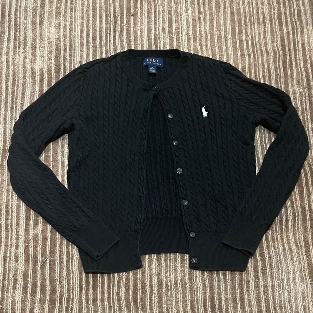 Ralph Lauren Black Cable-Knit Cardigan with White Pony